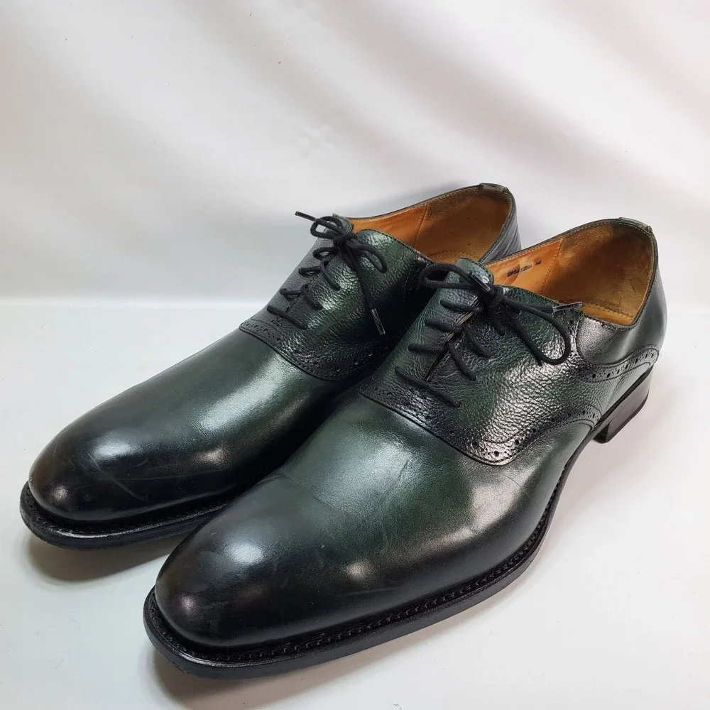 Ugo Vasare Oxford Shoes Mens 14 Green Black Leather Wingtip Brogue Dress Shoes